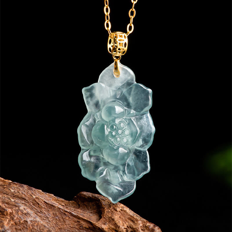 Buddha Stones 18K Gold Natural Jade Lotus Pattern Prosperity Necklace Pendant - image 6