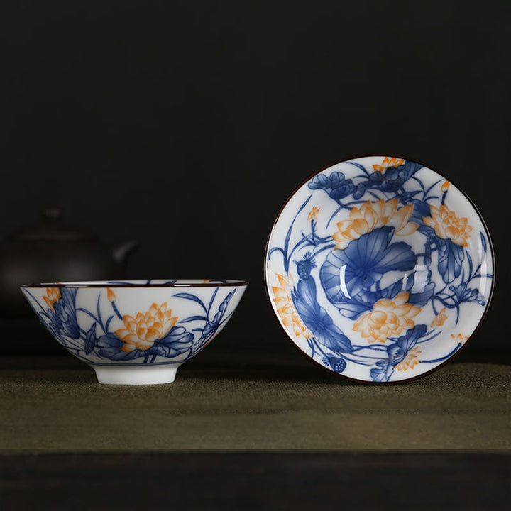 Buddha Stones Flowers Fu Character Mountains Lotus Cherry Blossoms Ceramic Teacup Kung Fu Tea Cup - Orange Lotus Blue Leaves 8.5cm*4cm*90ml - image 24