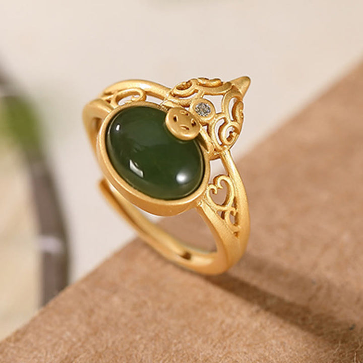 Buddha Stones Gourd Cyan Jade Copper Coin Success Luck Adjustable Ring - image 7