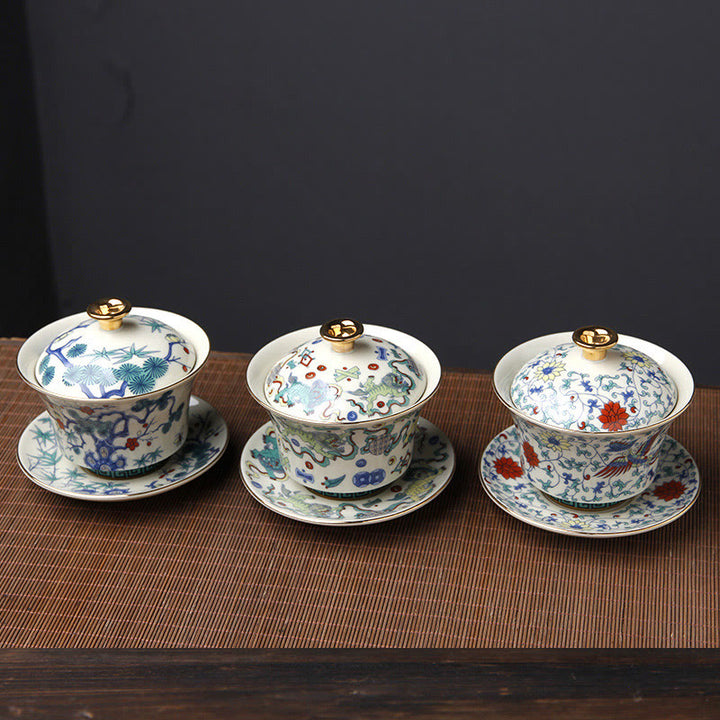 Buddha Stones Retro Plum Blossom Pine Bamboo Phoenix Kirin Ceramic Gaiwan Sancai Teacup Kung Fu Tea Cup and Saucer with Lid - image 14