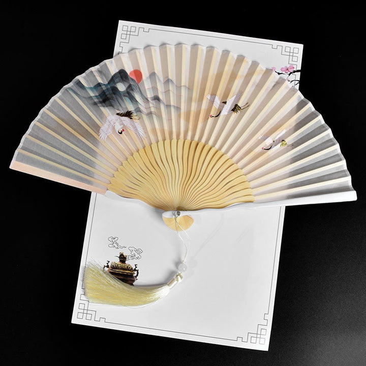 Buddha Stones Vintage Cloud Crane Pattern Handheld Bamboo Folding Fan - Cloud Crane Beige - image 10