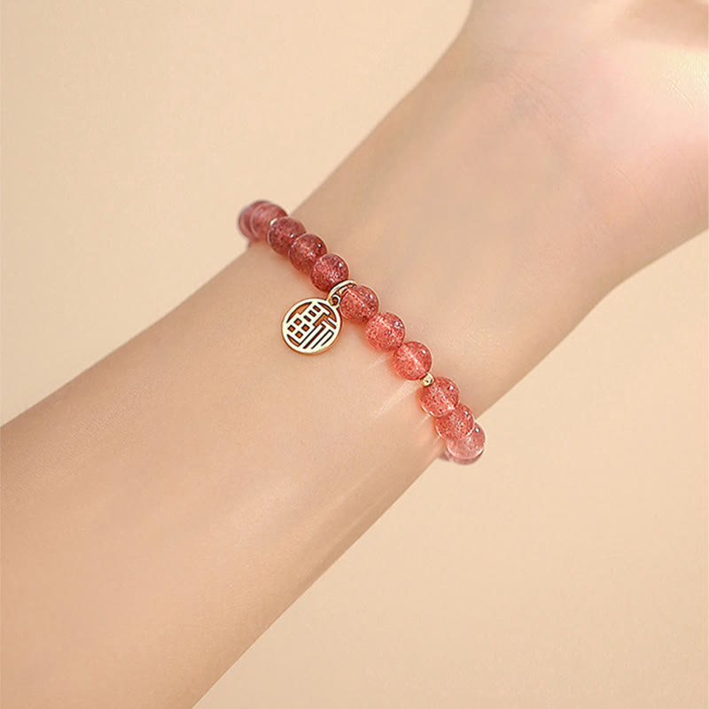 Buddha Stones 14K Gold Plated Strawberry Quartz Fu Character Healing Charm Bracelet - image 10