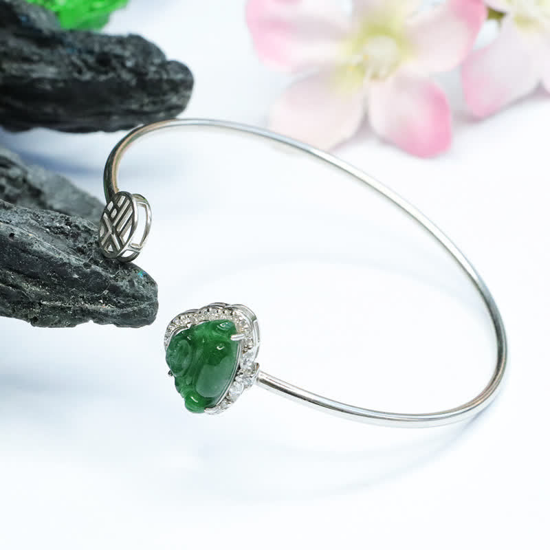Buddha Stones 925 Sterling Silver Laughing Buddha Jade Luck Bracelet Bangle - image 1
