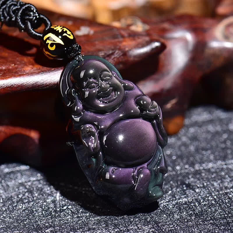 Natural Rainbow Obsidian Laughing Buddha Inner Peace Necklace Pendant - image 2