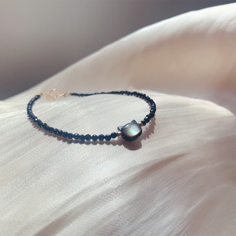 Buddha Stones 14K Gold Plated Black Spinel White Crystal Cute Cat Tridacna Stone Healing Bracelet - image 8