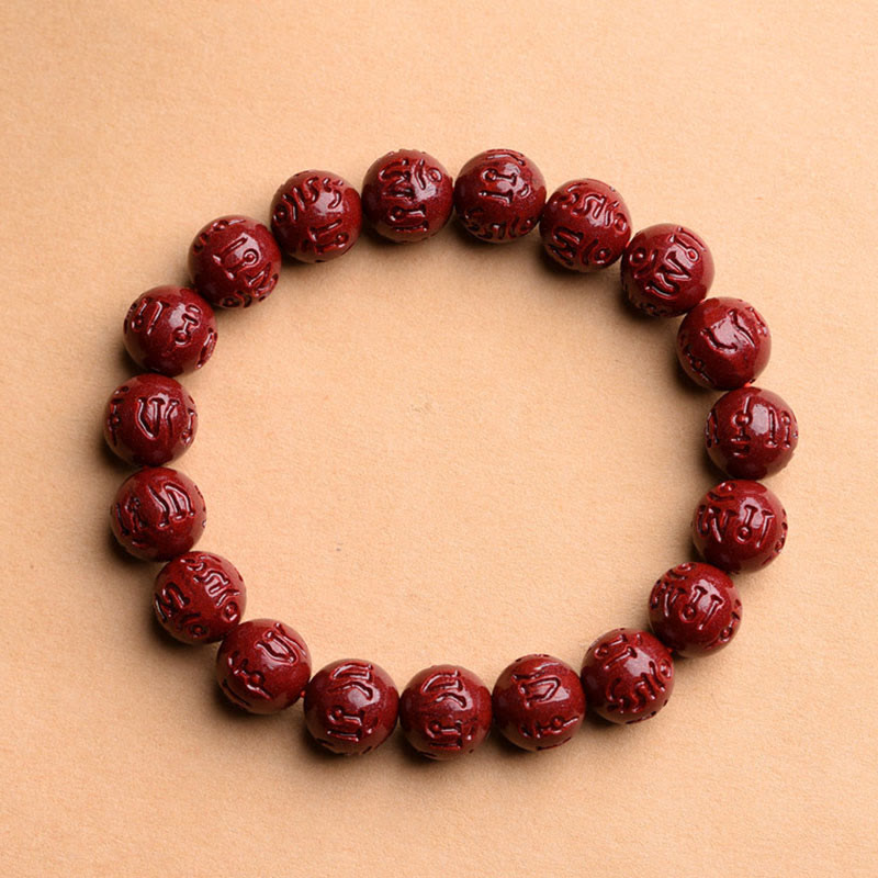 Buddha Stones Natural Cinnabar Om Mani Padme Hum Fret Pattern Lotus Blessing Bracelet - Om Mani Padme Hum - 10mm(19 Beads) - image 2