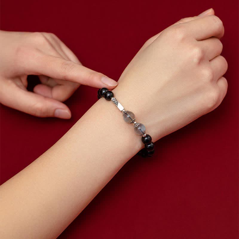 Buddha Stones 925 Sterling Silver Obsidian Moonstone Strength Couple Bracelet - image 2