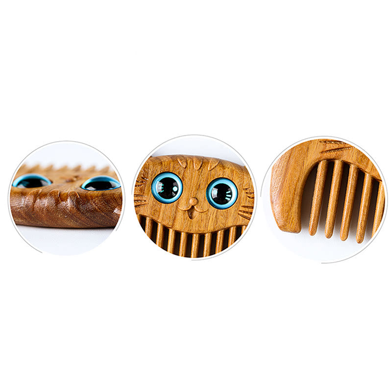 Buddha Stones Simple Cat Pattern Green Sandalwood Cure Portable Comb - image 11