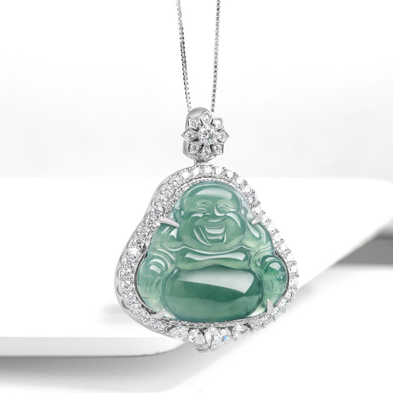 Buddha Stones 925 Sterling Silver Laughing Buddha Natural Jade Luck Abundance Chain Necklace Pendant - image 1