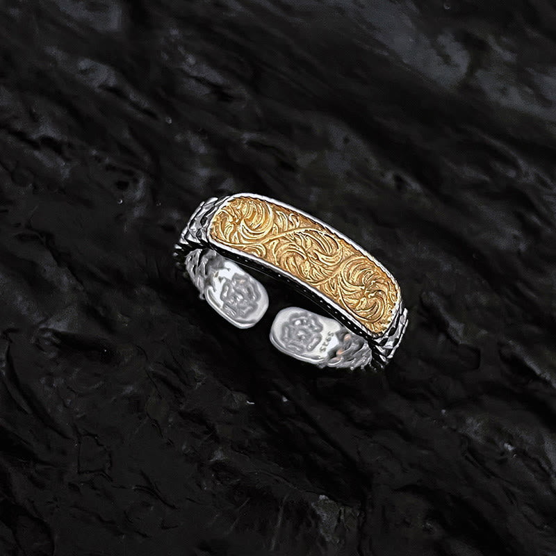 Buddha Stones Tang Dynasty Flower Design Engraved Copper Luck Cuff Bracelet Bangle Adjustable Ring - Gold Tang Dynasty Flower Design - Ring - image 3