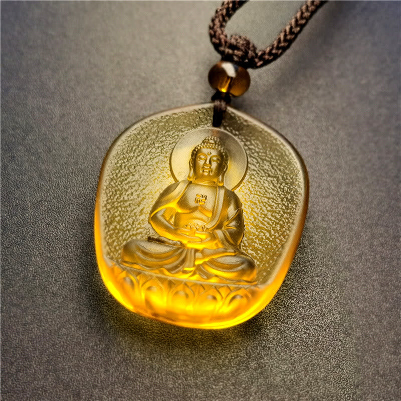 Buddha Stones Chinese Zodiac Natal Buddha Blessing Liuli Crystal Compassion Necklace Pendant - Dog/Pig-Amitabha Buddha(Pendant Size: About 4.5*3.8*1cm) - image 0