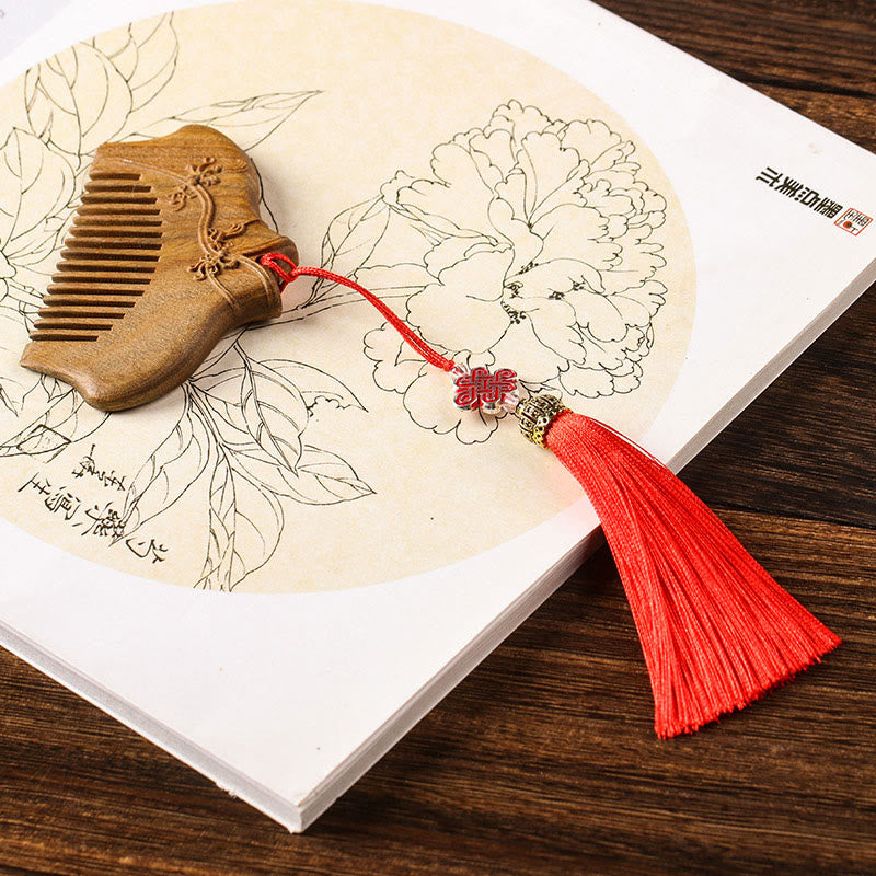 Buddha Stones Green Sandalwood Flower Pattern Engraved Soothing Comb - Green Sandalwood Comb(Tassel Style) - image 10