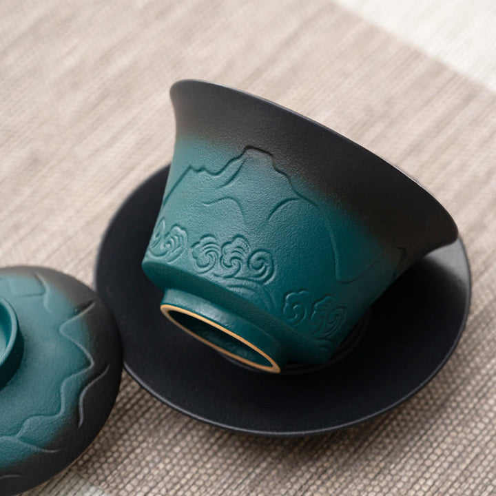 Buddha Stones Retro Blue Ocean Sea Waves Gradient Ceramic Gaiwan Sancai Teacup Kung Fu Tea Cup And Saucer With Lid - image 8