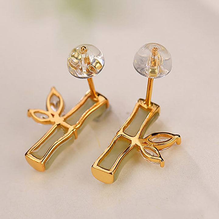 Buddha Stones 925 Sterling Silver Hetian Cyan Jade White Jade Red Agate Bamboo Pattern Luck Stud Earrings - image 6