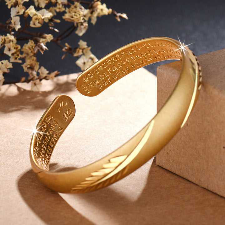 Buddha Stones Feather Heart Sutra Engraved Pattern Wealth Copper Cuff Bracelet Bangle - image 3