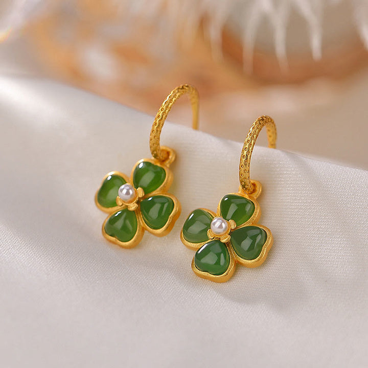 Buddha Stones 925 Sterling Silver Natural Cyan Jade Four Leaf Clover Luck Success Earrings - Golden Cyan Jade - image 14