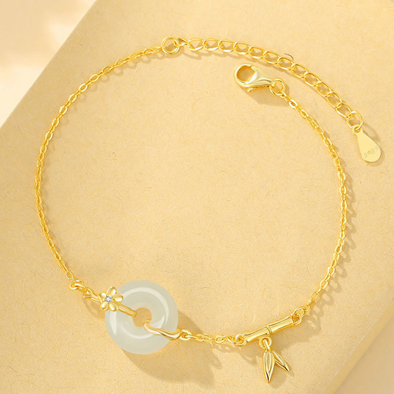 Buddha Stones 925 Sterling Silver Hetian Jade Chalcedony Peace Buckle Bamboo Leaf Prosperity Chain Bracelet - image 1