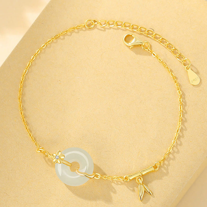 Buddha Stones 925 Sterling Silver Hetian Jade Chalcedony Peace Buckle Bamboo Leaf Prosperity Chain Bracelet - image 1