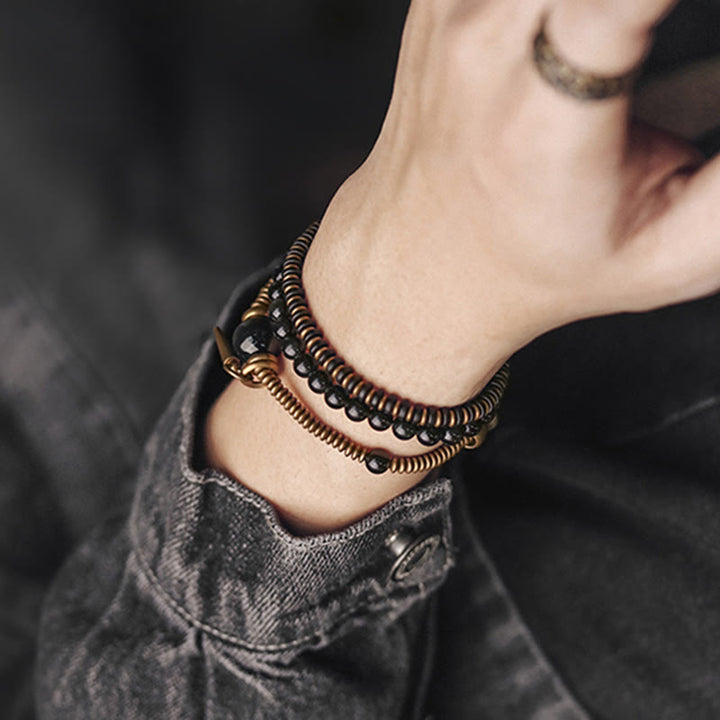 Buddha Stones Rainbow Obsidian Ebony Wood Copper Healing Triple Wrap Bracelet - image 8