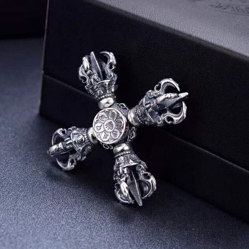 Buddha Stones Tibetan 925 Sterling Silver Double Dorje Vajra Engraved Spiritual Power Pendant - Hand Playing Piece 51*50mm - image 0