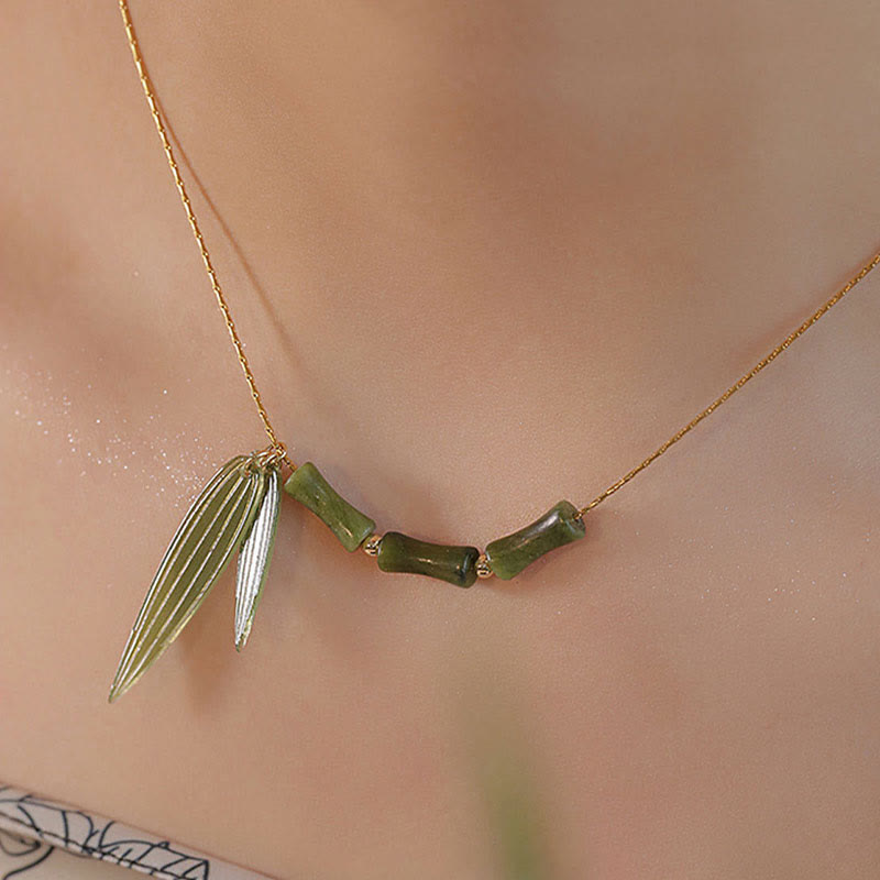 Buddha Stones Bamboo Leaf Jade Design Wealth Necklace Pendant - image 8