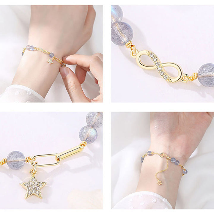 Buddha Stones 14K Gold Plated Natural Strawberry Quartz Moonstone Möbius Loop Eternal Love Star Positive Bracelet - image 8