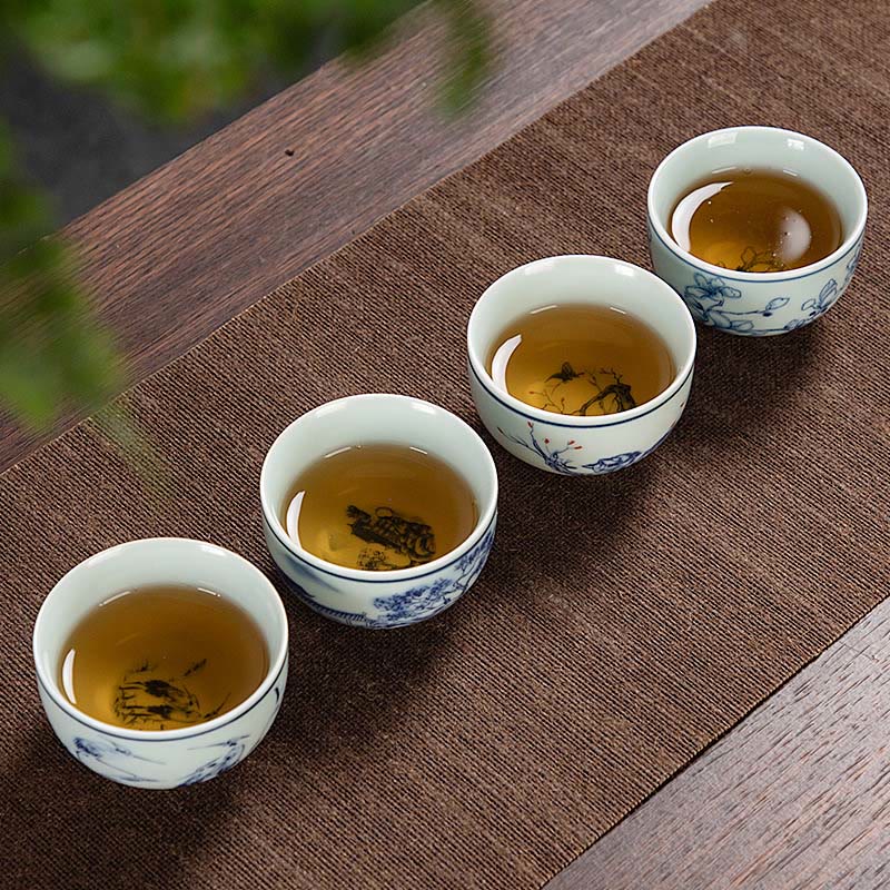 Buddha Stones Blue Landscape Mountains Lotus Cute Cat Pavilions Magnolia Reed Egrets Ceramic Teacup Small Kung Fu Tea Cup - image 16