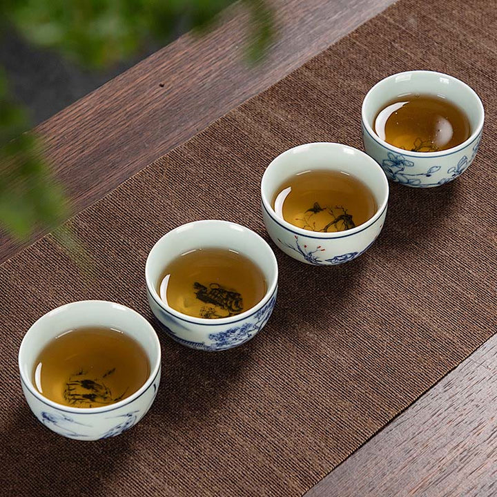 Buddha Stones Blue Landscape Mountains Lotus Cute Cat Pavilions Magnolia Reed Egrets Ceramic Teacup Small Kung Fu Tea Cup - image 16