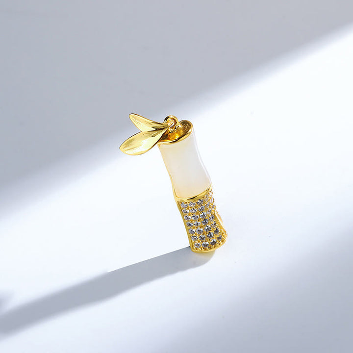 Buddha Stones 925 Sterling Silver Hetian White Jade Bamboo Happiness Necklace Pendant - image 4