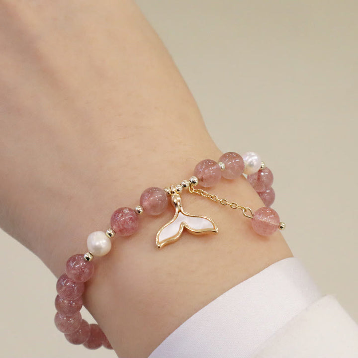 Buddha Stones Strawberry Quartz Pearl Elk Smiley Face Fishtail Fu Character Charm Healing Bracelet - image 8
