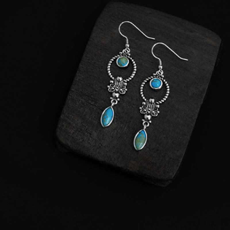 Buddha Stones 925 Sterling Silver Vintage Turquoise Waterdrop Pattern Balance Drop Dangle Earrings - image 5