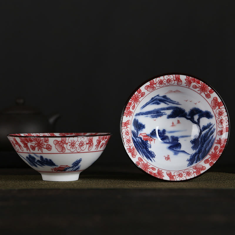 Buddha Stones Flowers Fu Character Mountains Lotus Cherry Blossoms Ceramic Teacup Kung Fu Tea Cup - Red Peach Flowers Blue Mountain Pine Tree 8.5cm*4cm*90ml - image 35