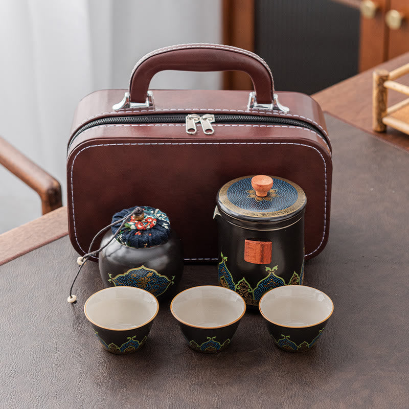 Buddha Stones Flower Chinese Gongfu Ceramic Teapot Portable Outdoor Travel Tea Set Bag - Black - 1 Teapot+3 Cups+1 Handbag+1 Tea Can - image 22