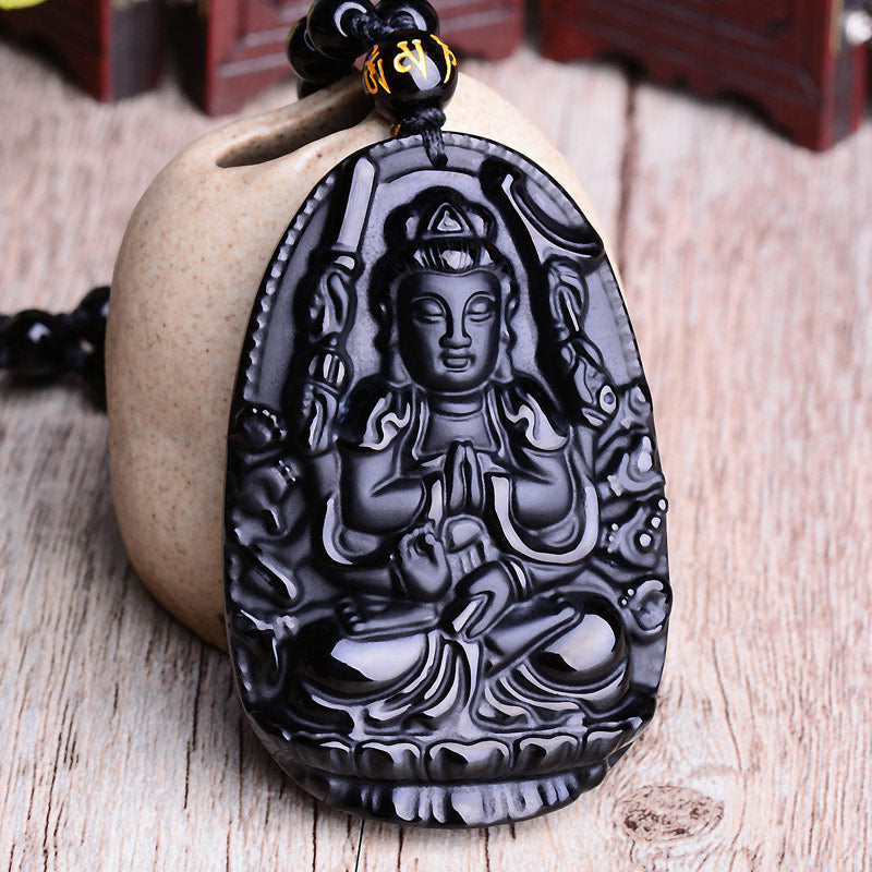 Buddha Stones Chinese Zodiac Obsidian Buddha Amulet Protection Pendant Necklace - image 0