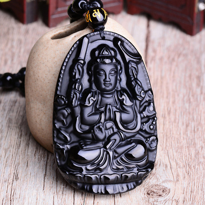 Buddha Stones Chinese Zodiac Obsidian Buddha Amulet Protection Pendant Necklace - image 0
