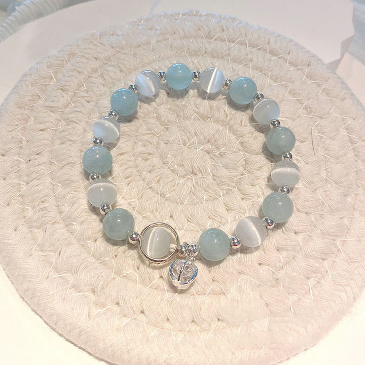 Buddha Stones 925 Sterling Silver Cat's Eye Aquamarine Support Charm Bracelet - 925 Sterling Silver Cat's Eye&Aquamarine - image 0