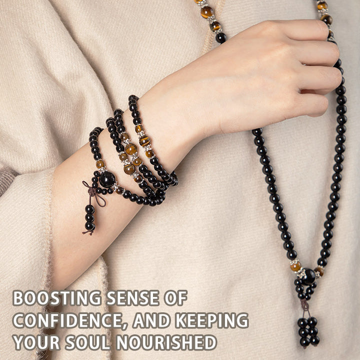 Buddha Stones 108 Beads Natural Black Obsidian Tiger Eye Mala Bracelet - image 3