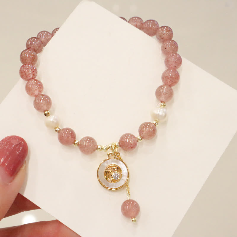 Buddha Stones Strawberry Quartz Pearl Elk Smiley Face Fishtail Fu Character Charm Healing Bracelet - image 11