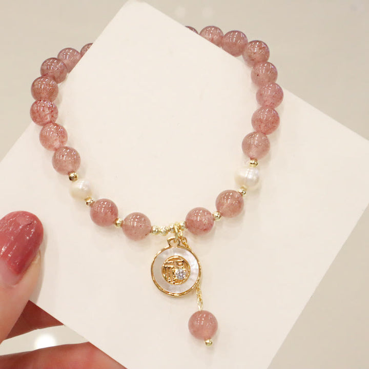 Buddha Stones Strawberry Quartz Pearl Elk Smiley Face Fishtail Fu Character Charm Healing Bracelet - image 11