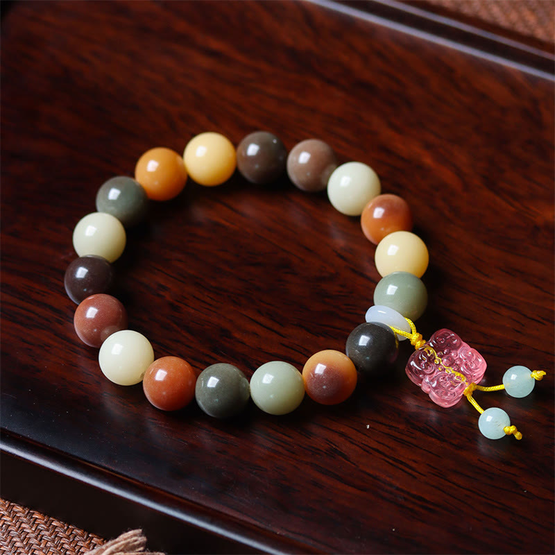 Buddha Stones Natural Multicolored Gradient Bodhi Seed Liuli Glass Charm Peace Bracelet - image 4