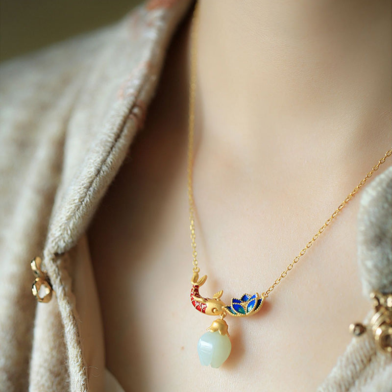 Buddha Stones White Jade Koi Fish Lotus Copper Protection Necklace Pendant - image 3