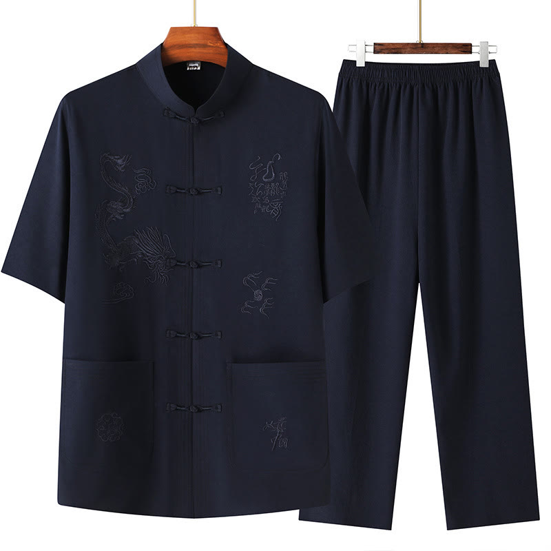 Buddha Stones Tang Suit Hanfu Chinese Dragon Traditional Kung Fu Uniform Short Sleeve Tops and Pants Clothing Men's Set - Navy Blue - US/UK/AU44，EU54 (4XL) - image 0