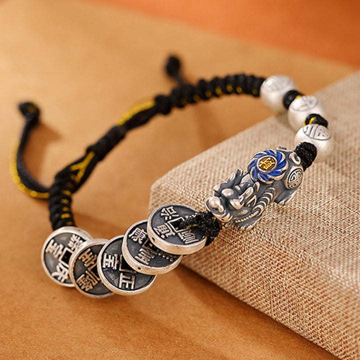 Buddha Stones 999 Sterling Silver FengShui PiXiu Copper Coin Fu Character Wealth Braided Bracelet - image 4