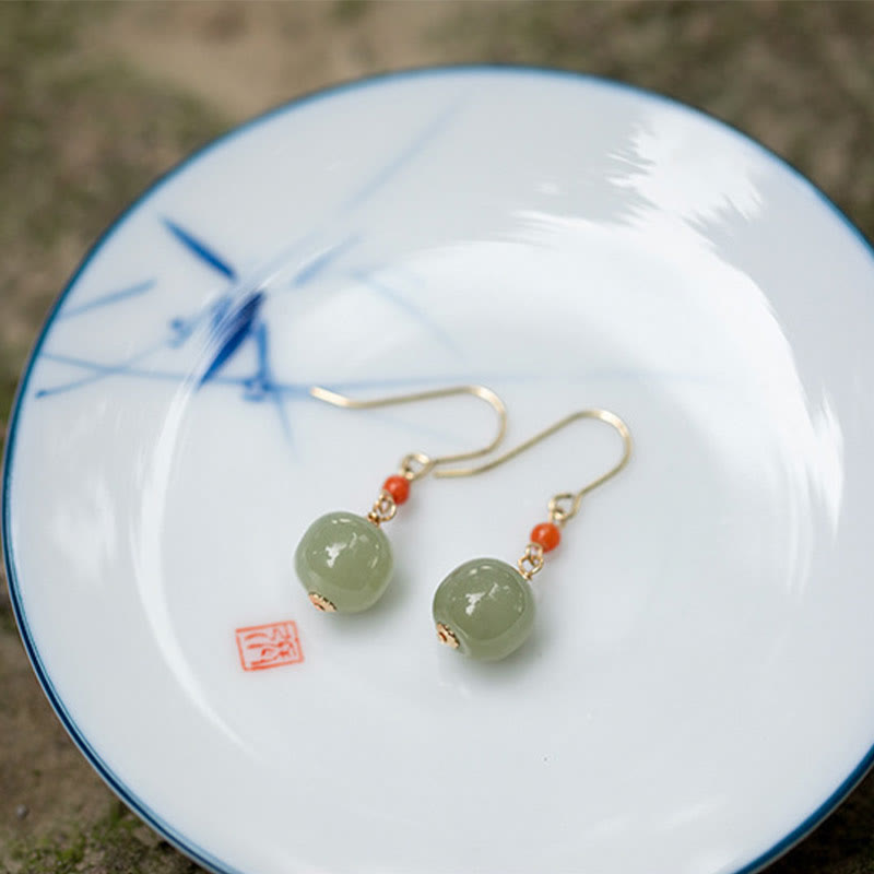 Buddha Stones 925 Sterling Silver 14K Gold Plated Hetian Jade Red Agate Luck Drop Dangle Earrings - image 5