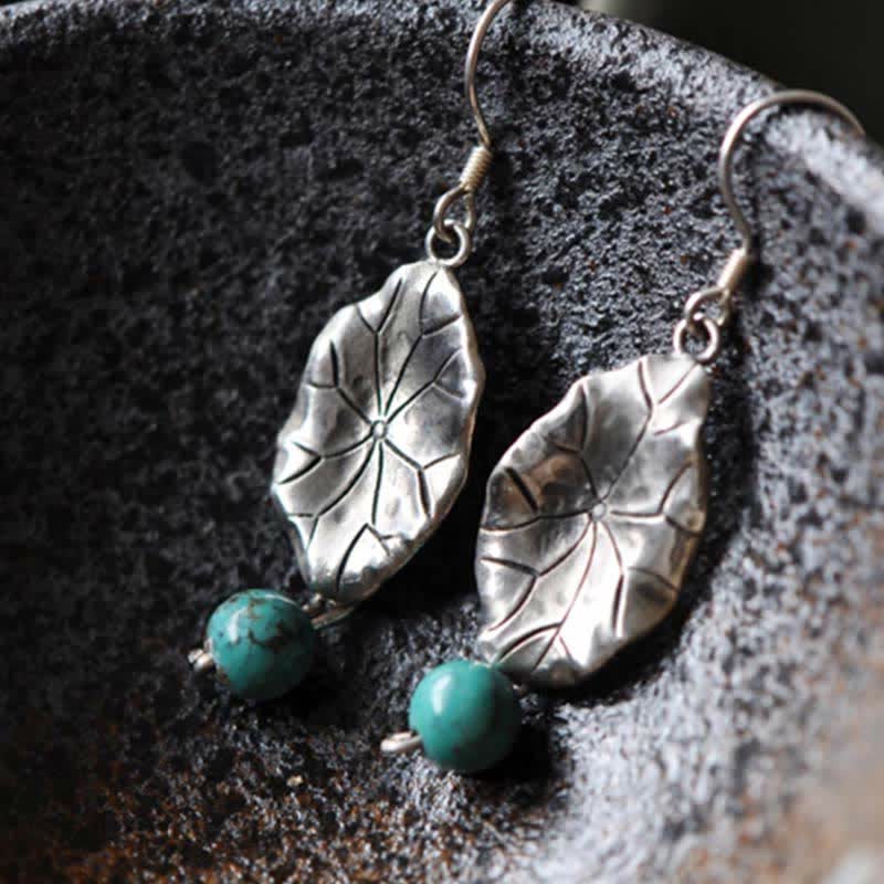 Buddha Stones 925 Sterling Silver Turquoise Lotus Leaf Protection Drop Dangle Earrings - image 5