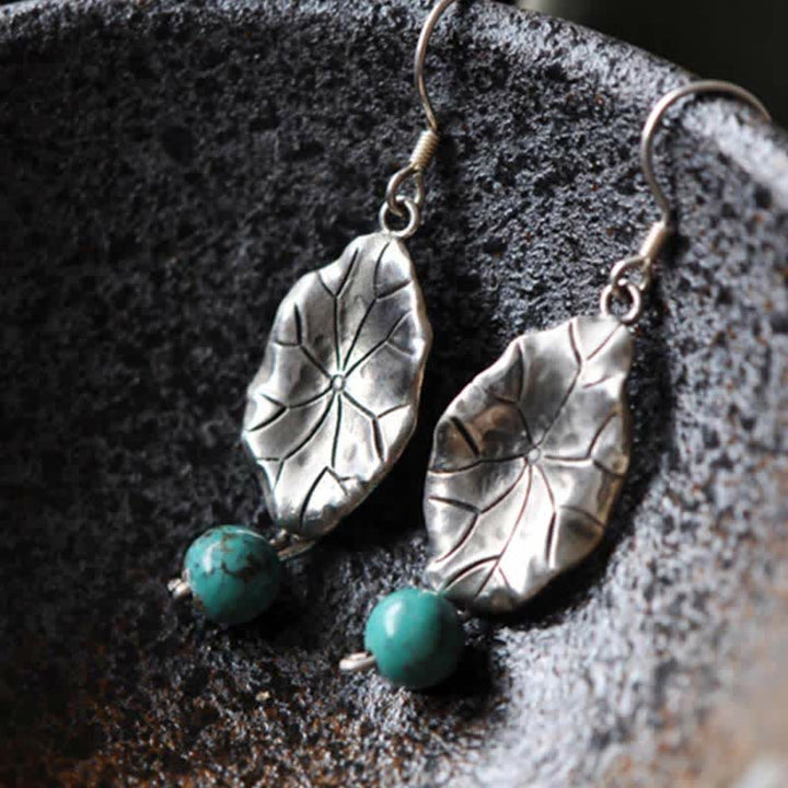 Buddha Stones 925 Sterling Silver Turquoise Lotus Leaf Protection Drop Dangle Earrings - image 5
