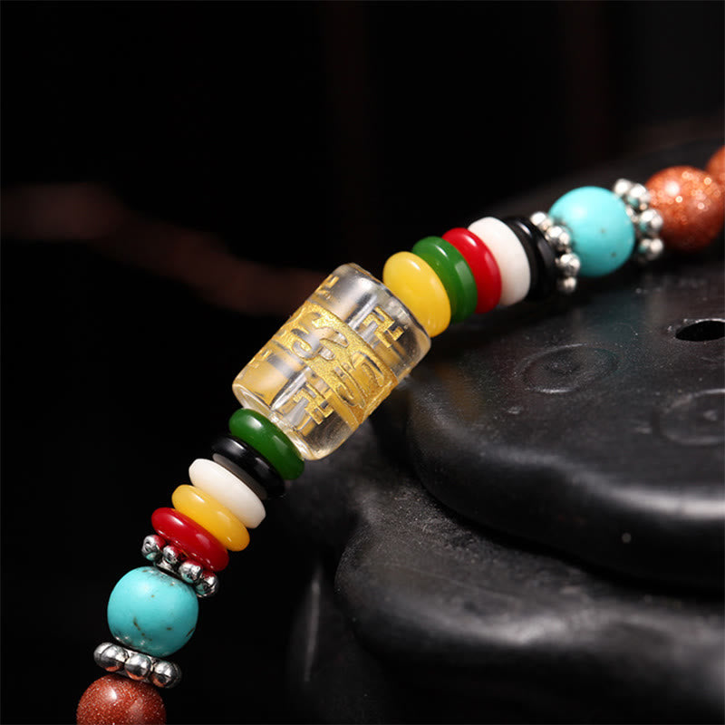 Buddha Stones 108 Mala Beads Goldstone Om Mani Padme Hum Swastika Confidence Bracelet - image 5