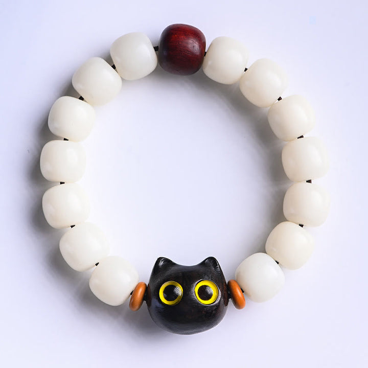 Buddha Stones Natural Bodhi Seed Small Leaf Red Sandalwood Ebony Wood Cute Lucky Cat Wisdom Bracelet - Ebony Wood Lucky Cat&Bodhi Seed(Wrist Circumference 14-16cm) - image 9