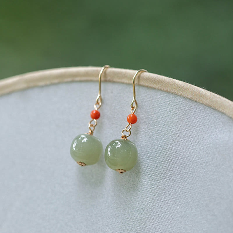 Buddha Stones 925 Sterling Silver Plated 14k Gold Hetian Jade Red Agate Luck Drop Dangle Earrings - image 9