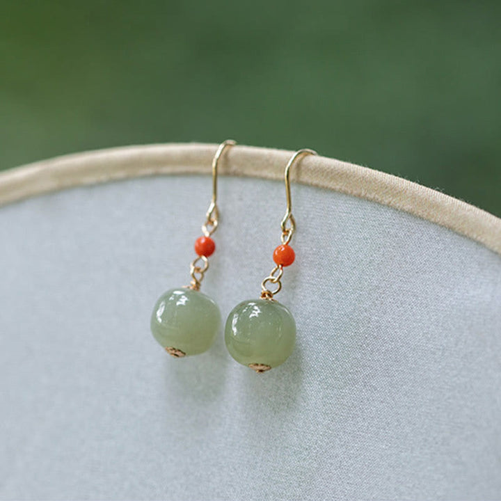 Buddha Stones 925 Sterling Silver 14K Gold Plated Hetian Jade Red Agate Luck Drop Dangle Earrings - image 9